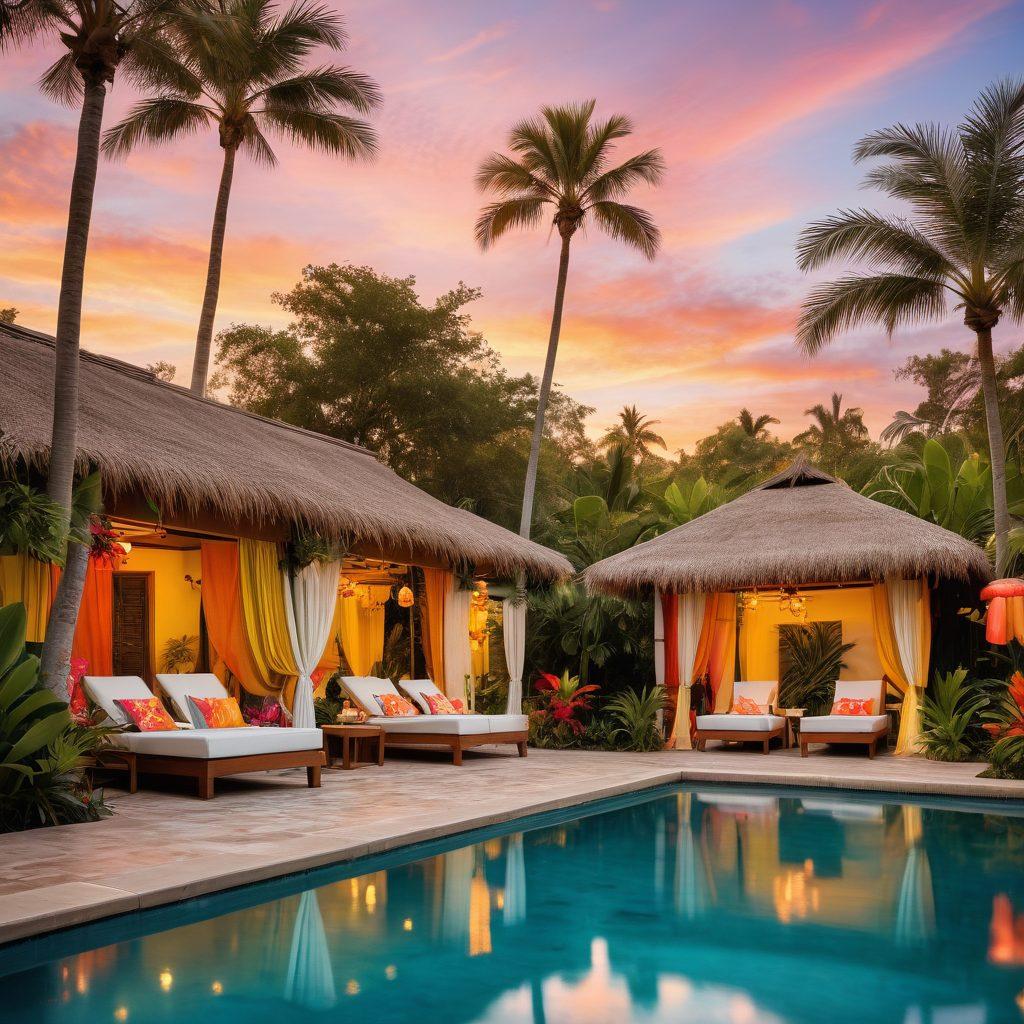 A serene pool scene at a themed resort, featuring lush tropical plants and vibrant flowers surrounding cozy cabanas. A couple relaxes with cocktails while colorful beach towels adorn luxurious lounge chairs. In the background, whimsical architecture with palm leaves swaying gently and a sunset sky creates an inviting atmosphere. Capture the essence of indulgence and relaxation. super-realistic. vibrant colors. 3D.
