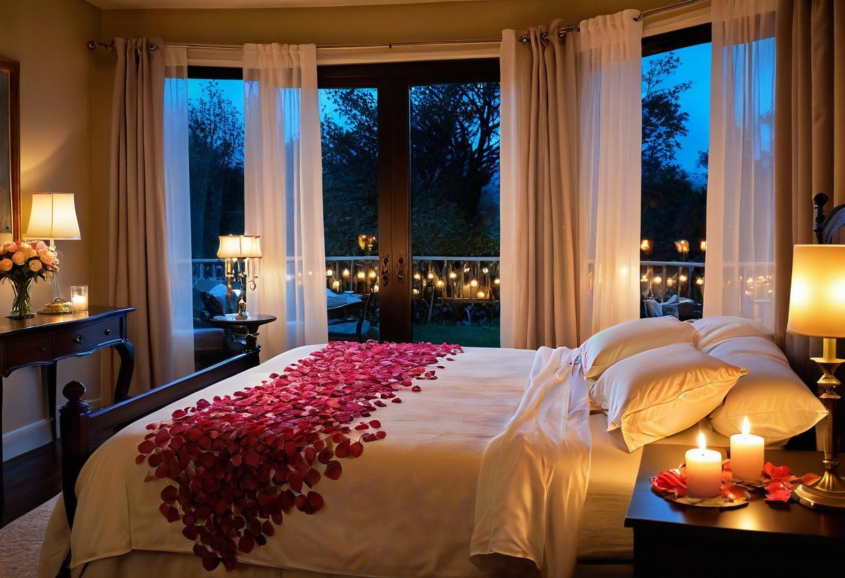A cozy, candle-lit bedroom adorned with rose petals on a plush bed, gentle dappled light filtering through sheer curtains, a bottle of sparkling wine chilling on a bedside table next to two crystal flutes, and a serene view of a twilight garden through an open window. The atmosphere radiates warmth, intimacy, and romance. soft focus. vibrant colors. 3D.
