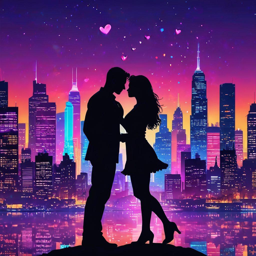 A silhouette of a couple in an intimate embrace against a backdrop of a vibrant city skyline at dusk, glowing neon lights reflecting the spectrum of adult entertainment. Incorporate playful elements like hearts, stars, and soft shadows to evoke passion and desire. The colors should be rich and bold, highlighting a sense of romance and adventure. whimsical art style. vibrant colors. 3D.